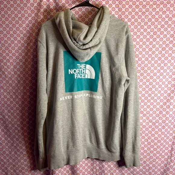 The North Face Pullover Hoodie Size Medium Gray Teal Logo Fleece Sweatshirt - Picture 2 of 3